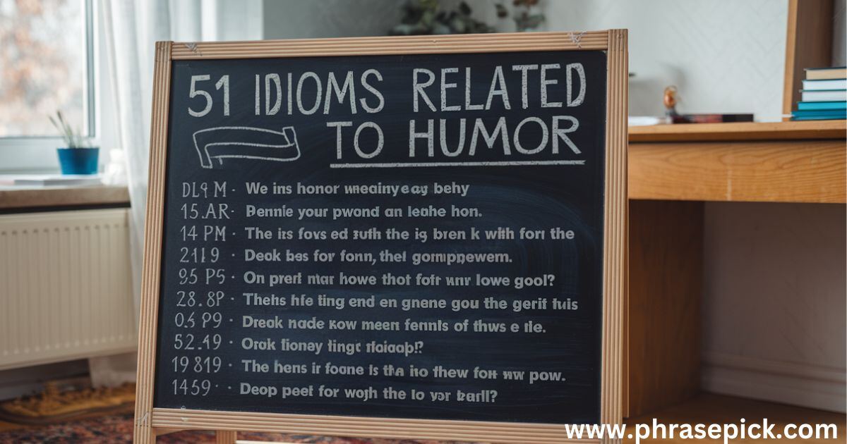 a detailed list of 51 idioms related to humor, including their meanings and example sentences