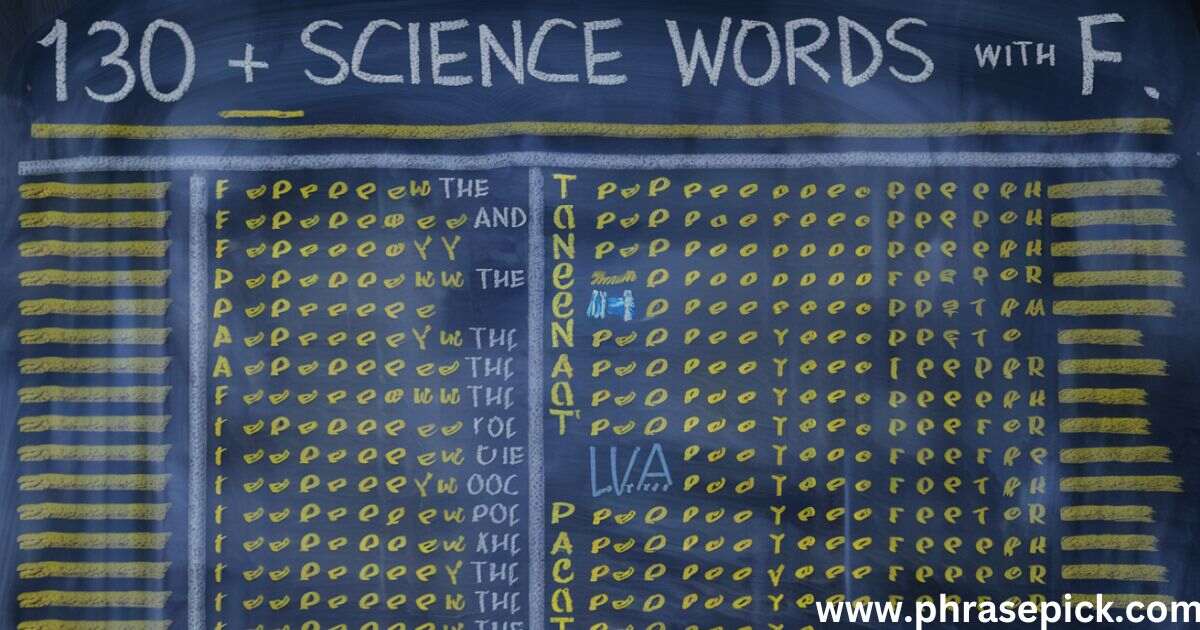 the complete list of 130 science words that start with F is presented in a table format with four columns